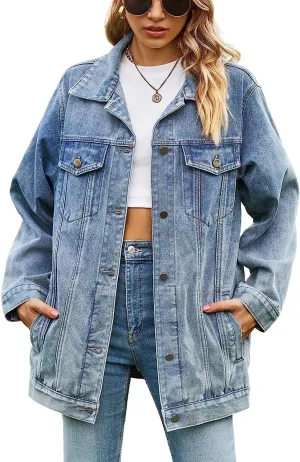 Lazutom Women's Mid Long Oversized Denim Jacket Button Down Boyfriend Jean Biker Coat