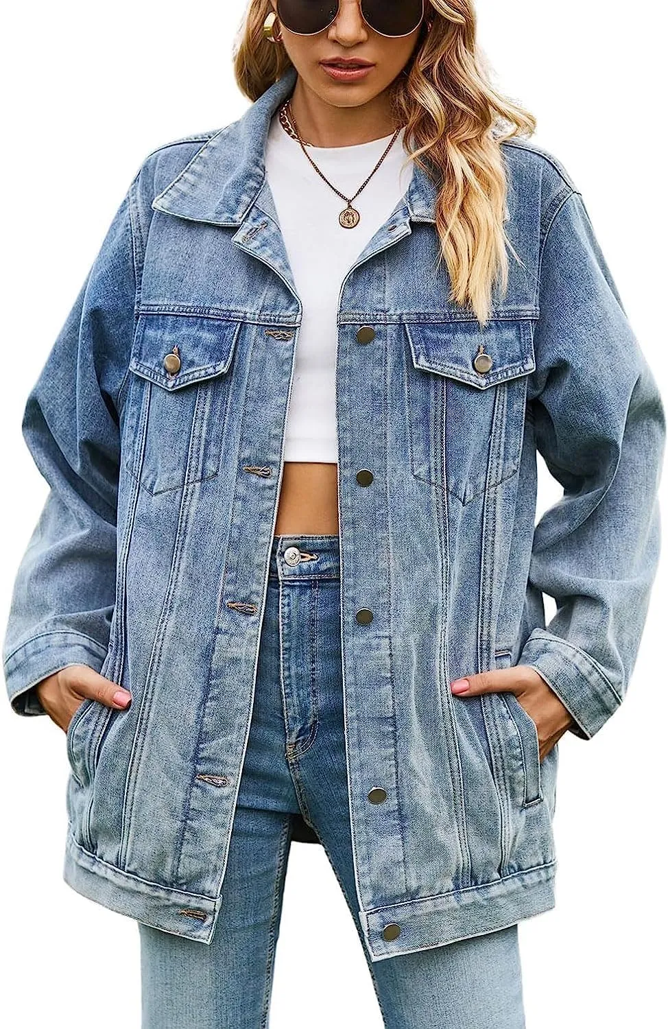 Lazutom Women's Mid Long Oversized Denim Jacket Button Down Boyfriend Jean Biker Coat
