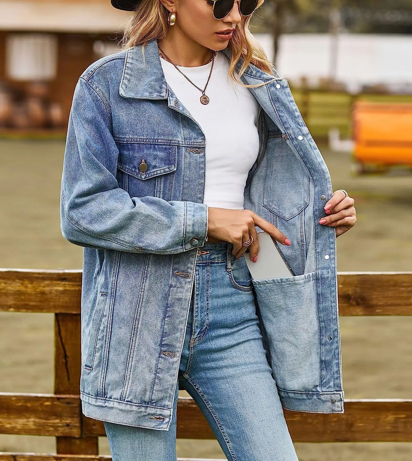 Lazutom Women's Mid Long Oversized Denim Jacket Button Down Boyfriend Jean Biker Coat