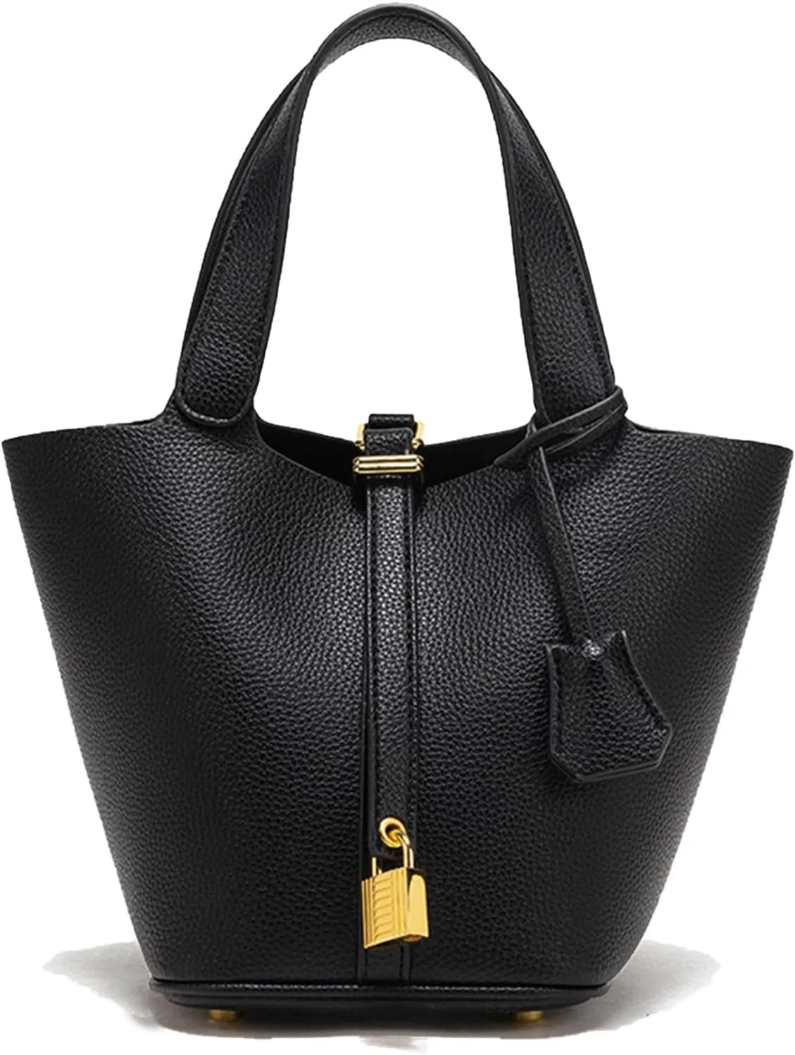 Leather soft water bucket wallet, stylish lock design solid color handbag