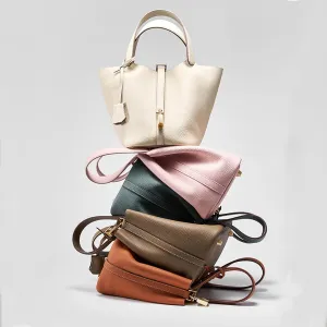 Leather soft water bucket wallet, stylish lock design solid color handbag