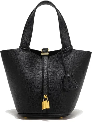 Leather soft water bucket wallet, stylish lock design solid color handbag