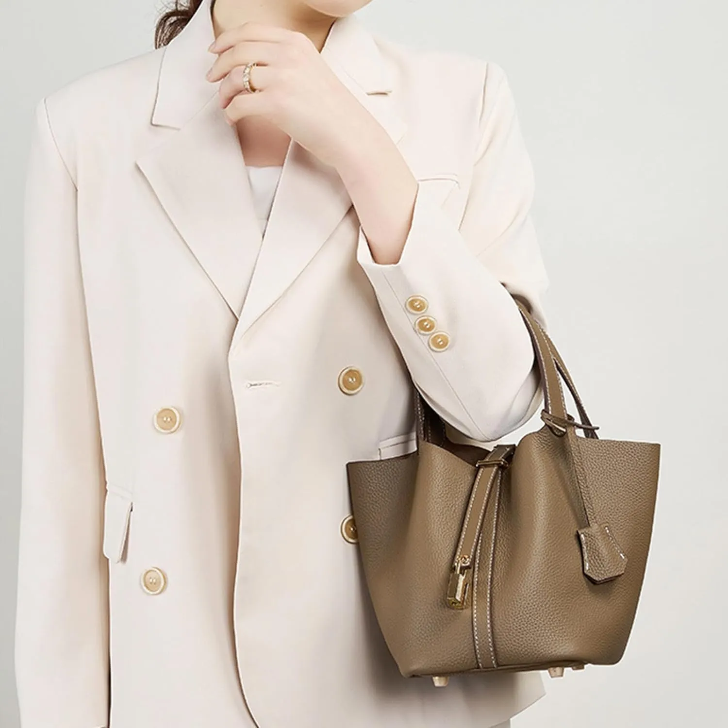 Leather soft water bucket wallet, stylish lock design solid color handbag
