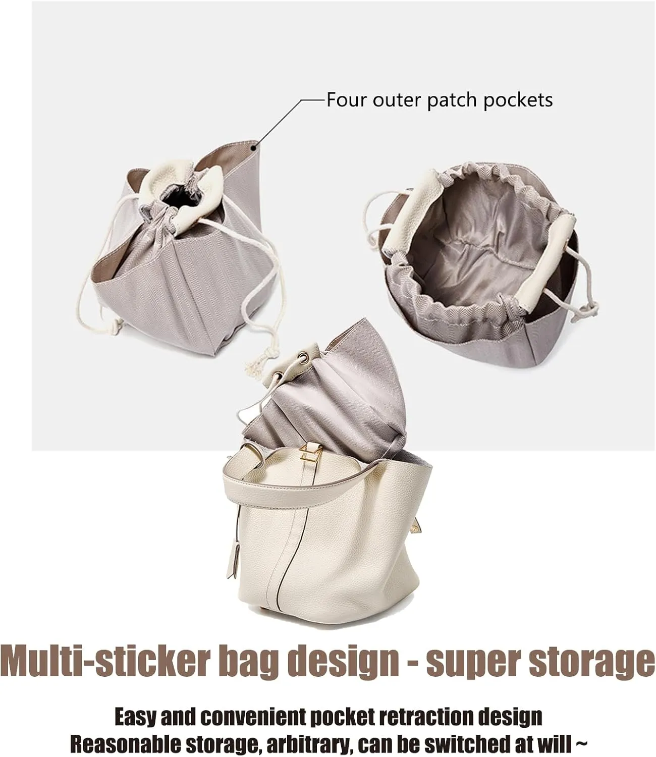 Leather soft water bucket wallet, stylish lock design solid color handbag
