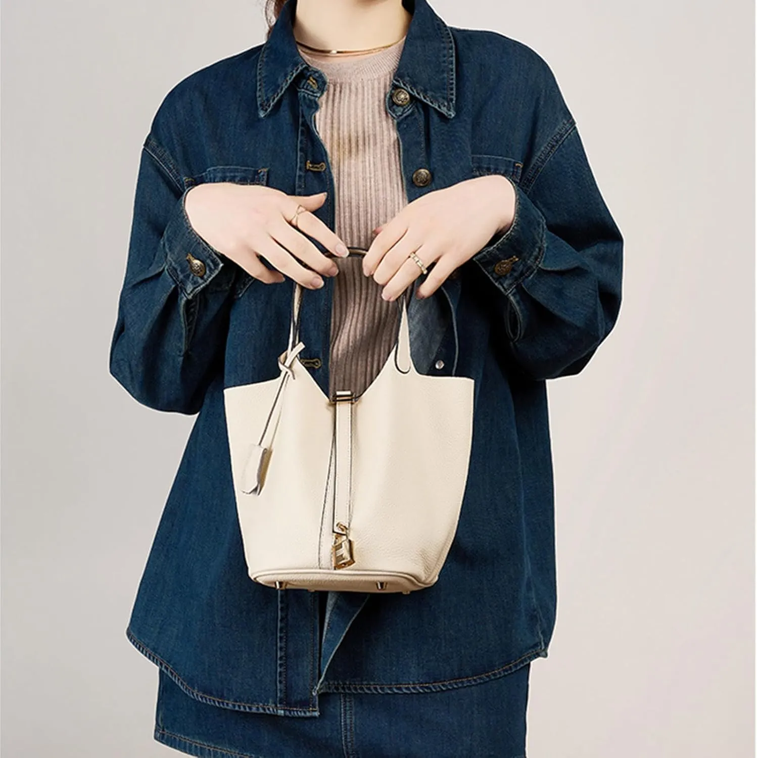 Leather soft water bucket wallet, stylish lock design solid color handbag