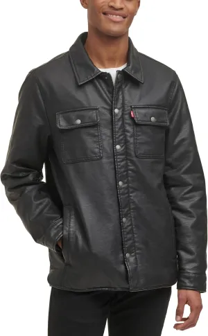 Levi's Men's Buffed Cow Faux Leather Hooded Trucker Jacket, New Black