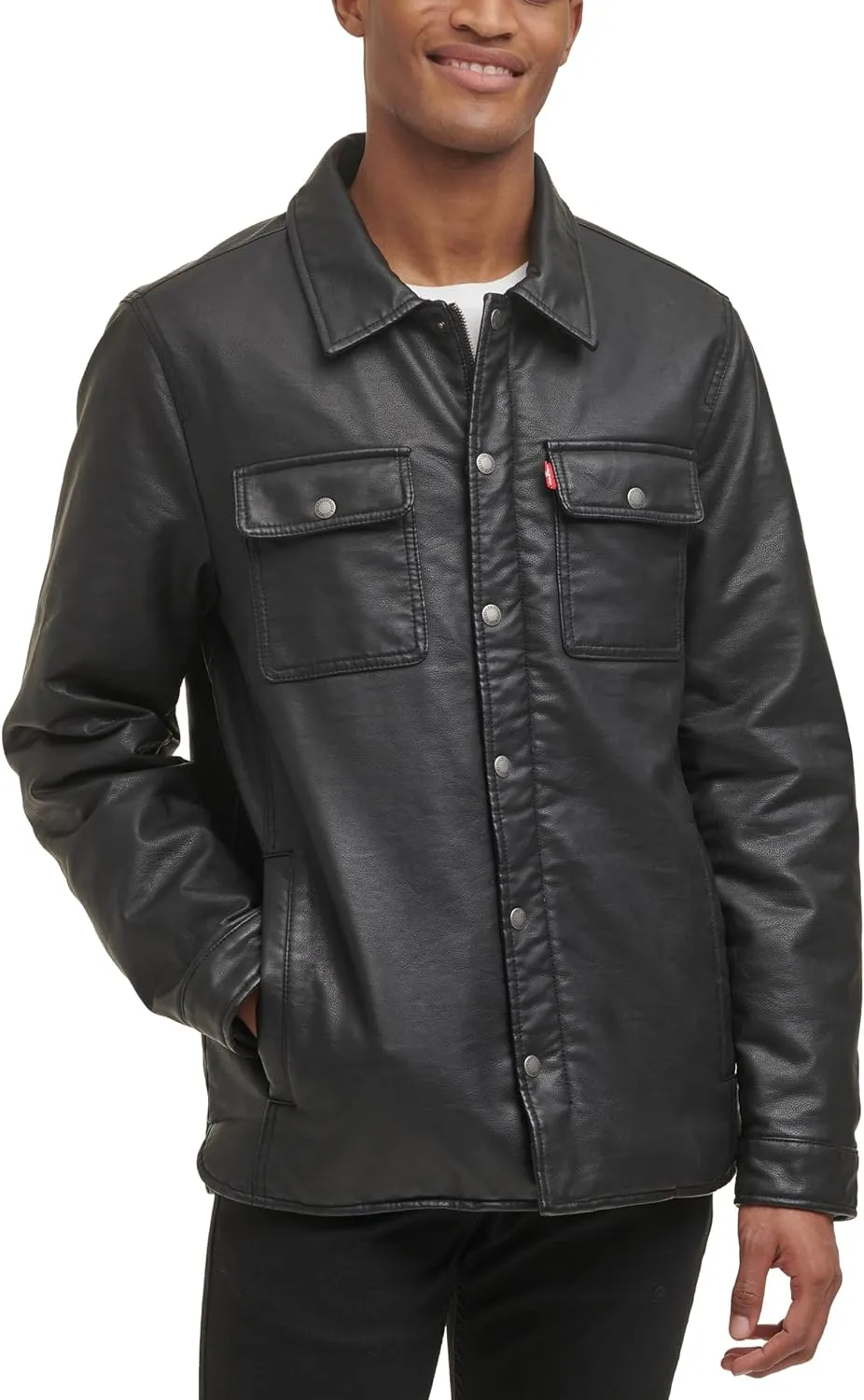 Levi's Men's Buffed Cow Faux Leather Hooded Trucker Jacket, New Black
