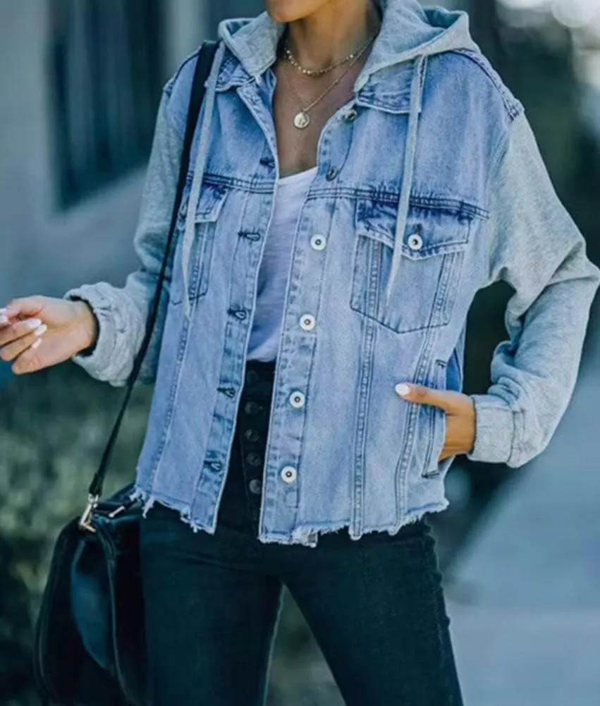 LifeShe Women's denim jacket with hood ripped distressed jean jackets hoodie