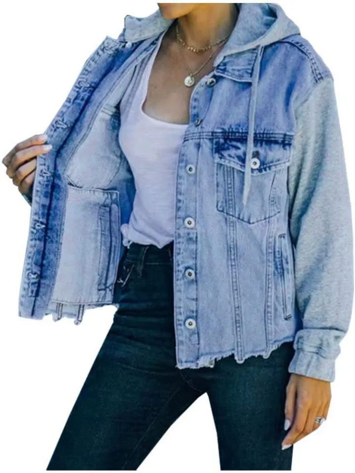 LifeShe Women's denim jacket with hood ripped distressed jean jackets hoodie