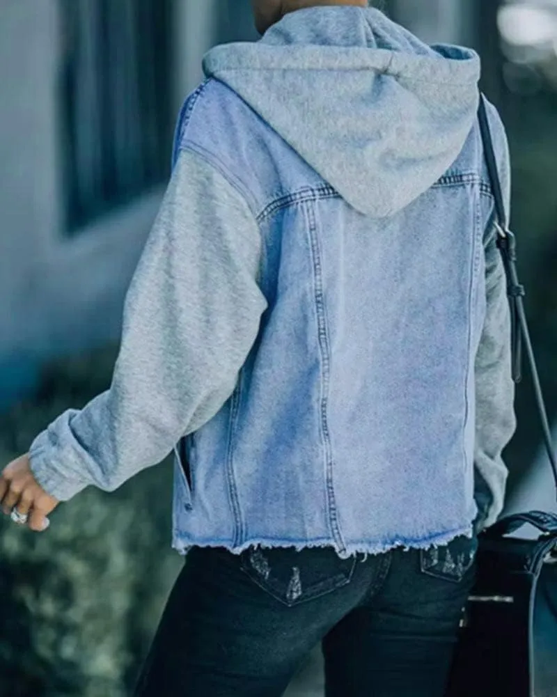 LifeShe Women's denim jacket with hood ripped distressed jean jackets hoodie