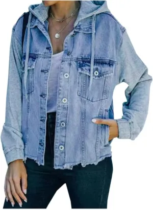 LifeShe Women's denim jacket with hood ripped distressed jean jackets hoodie