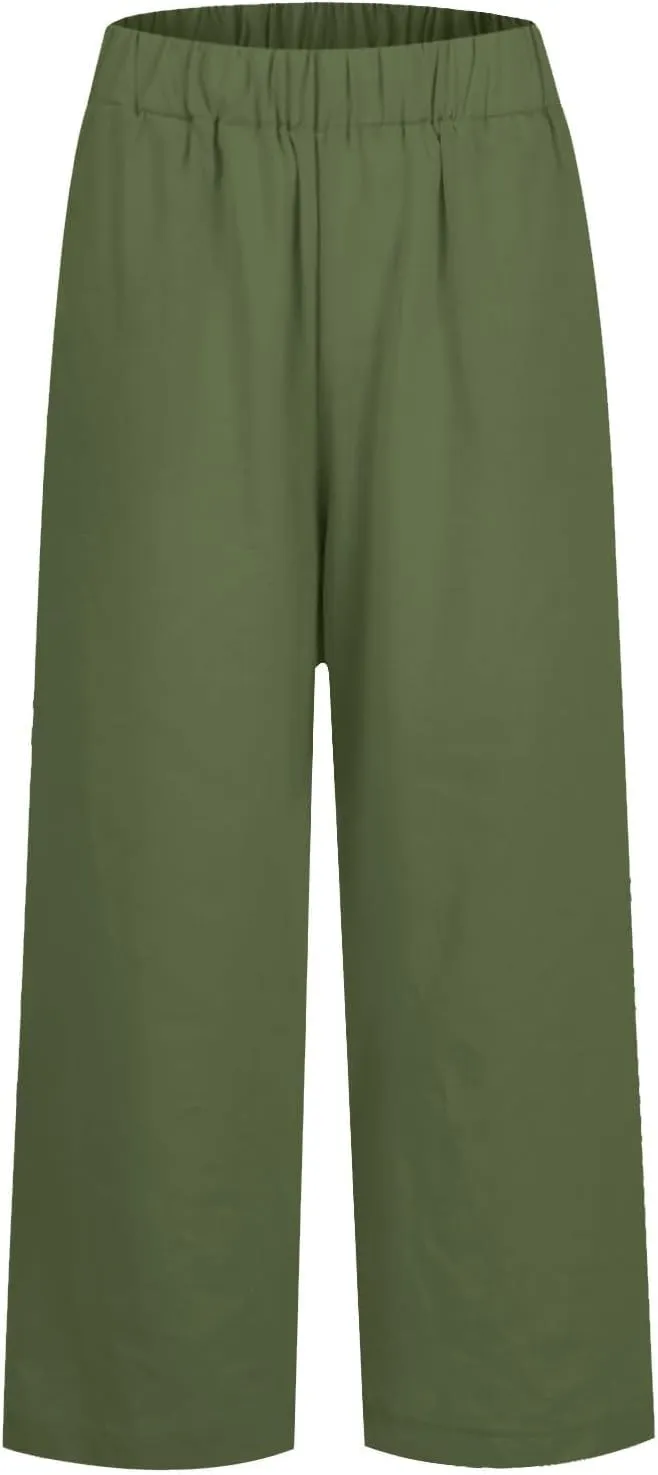Linen Capri Pants for Women High Waisted Wide Leg Lounge Pant Comfy Soft Trousers Boho Beach Baggy Capris Casual Resort Wear