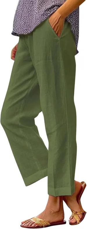 Linen Capri Pants for Women High Waisted Wide Leg Lounge Pant Comfy Soft Trousers Boho Beach Baggy Capris Casual Resort Wear