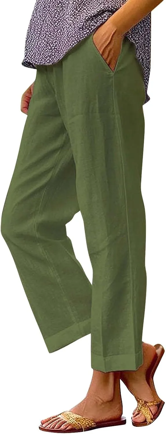 Linen Capri Pants for Women High Waisted Wide Leg Lounge Pant Comfy Soft Trousers Boho Beach Baggy Capris Casual Resort Wear