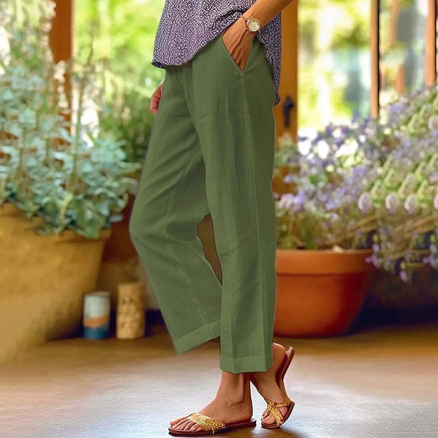 Linen Capri Pants for Women High Waisted Wide Leg Lounge Pant Comfy Soft Trousers Boho Beach Baggy Capris Casual Resort Wear