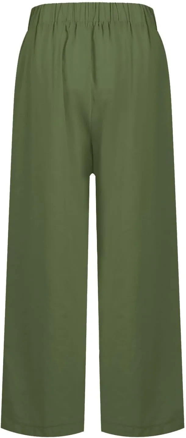 Linen Capri Pants for Women High Waisted Wide Leg Lounge Pant Comfy Soft Trousers Boho Beach Baggy Capris Casual Resort Wear