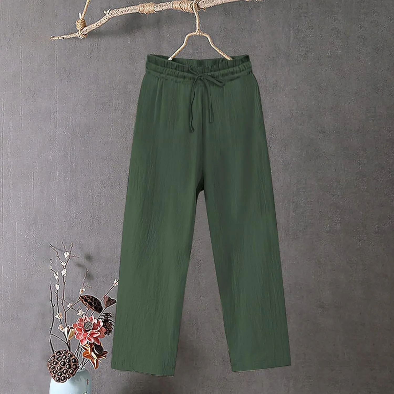 Linen Pants for Women Baggy 2025 Plus Size Straight Leg Pants Wide Leg Solid Palazzo Trousers Beach Travel Outfits