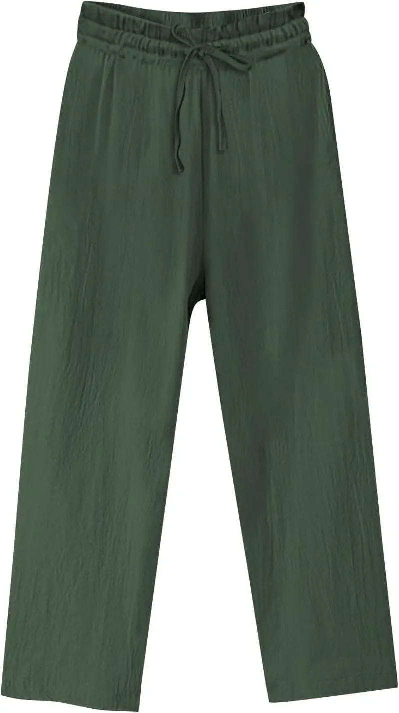 Linen Pants for Women Baggy 2025 Plus Size Straight Leg Pants Wide Leg Solid Palazzo Trousers Beach Travel Outfits