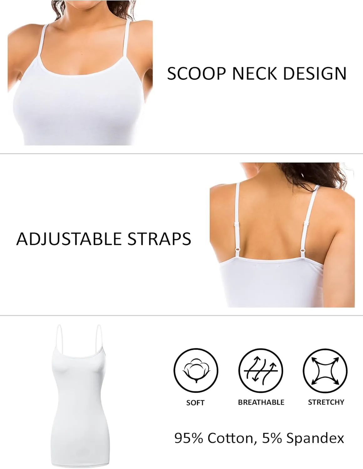 Long Cotton Camisole Spaghetti Strap Tank Top for Women Basic Cami Tops Womens Undershirts - Pack 1-4