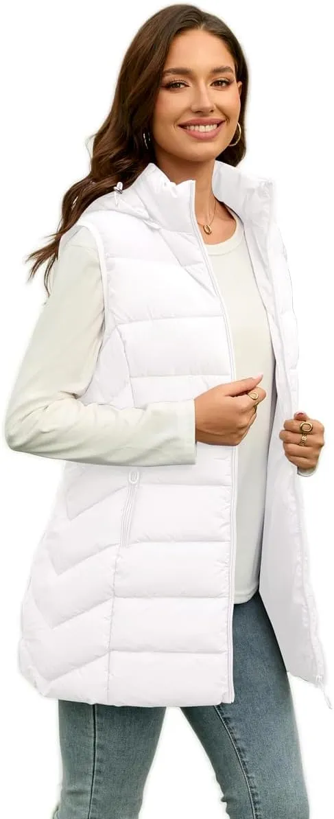 Long Puffer Vest for Women with Hood Thickened Packable Sleeveless Lined Down Vest for Fall & Winter