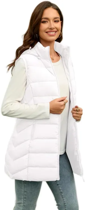 Long Puffer Vest for Women with Hood Thickened Packable Sleeveless Lined Down Vest for Fall & Winter