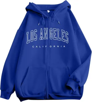 Los Angeles California Vintage Hoodies for Women Cool Zip Up Preppy Hooded Tops Fall Drawstring Letter Graphic Zipper