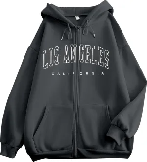 Los Angeles California Vintage Hoodies for Women Cool Zip Up Preppy Hooded Tops Fall Drawstring Letter Graphic Zipper