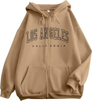 Los Angeles California Vintage Hoodies for Women Cool Zip Up Preppy Hooded Tops Fall Drawstring Letter Graphic Zipper