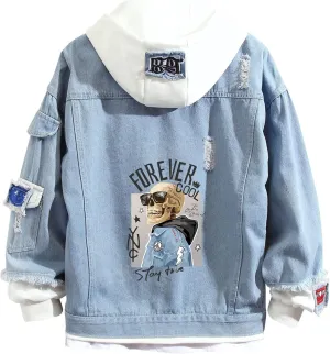 Lpstop FOREVER COOL Skull Denim Jacket Novelty Skeleton Jacket Skull Hoodie Lightweight Blue Jacket for Women Men