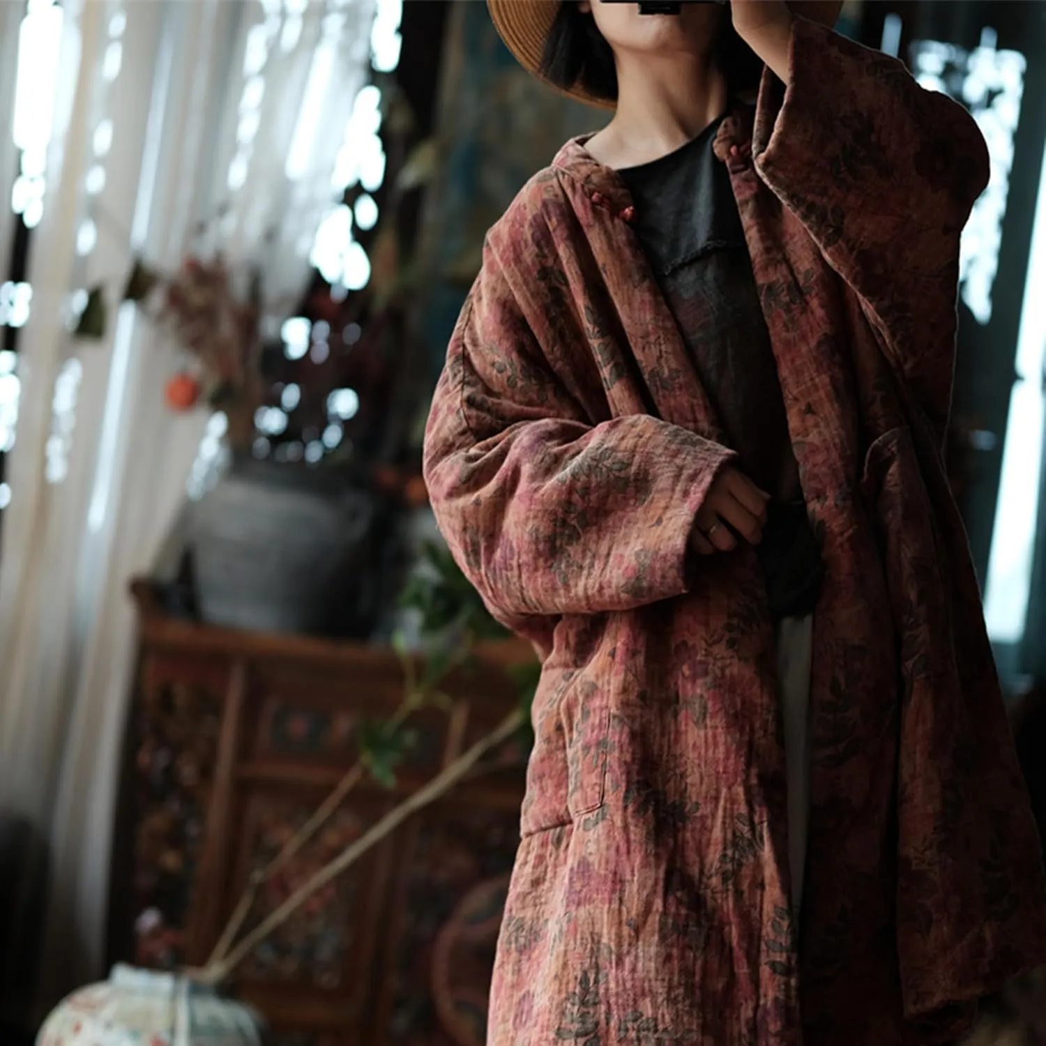 LUZU JUNU Women's Cotton Padded Floral Jacket Kimono Soft Quilted Flower Printed Long Loose Outwear Coats