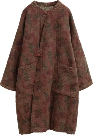 LUZU JUNU Women's Cotton Padded Floral Jacket Kimono Soft Quilted Flower Printed Long Loose Outwear Coats