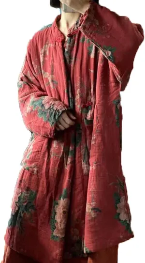 LUZU JUNU Women's Cotton Padded Floral Jacket Kimono Soft Quilted Flower Printed Long Loose Outwear Coats