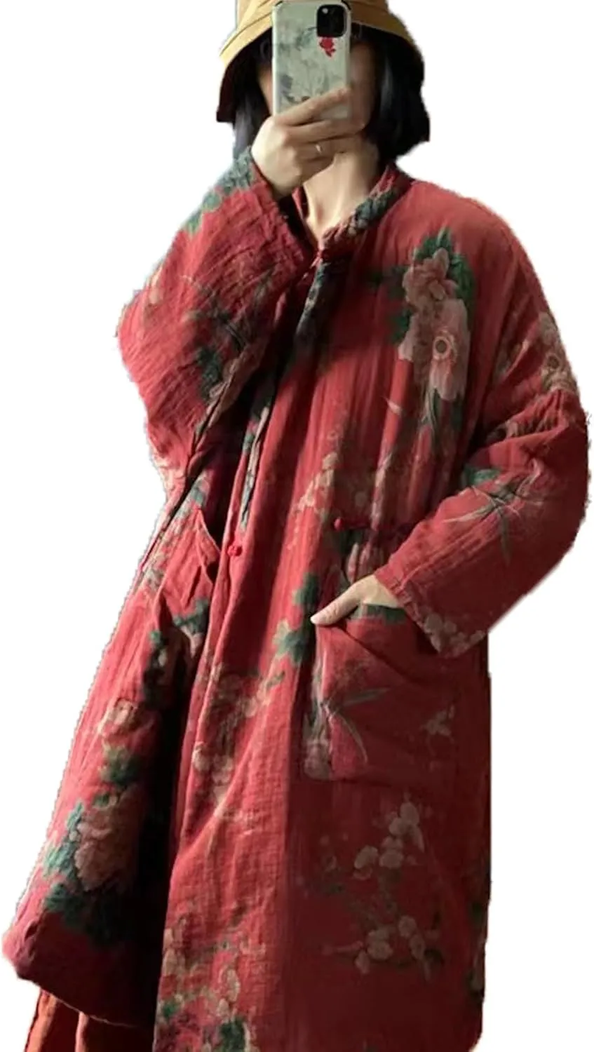LUZU JUNU Women's Cotton Padded Floral Jacket Kimono Soft Quilted Flower Printed Long Loose Outwear Coats