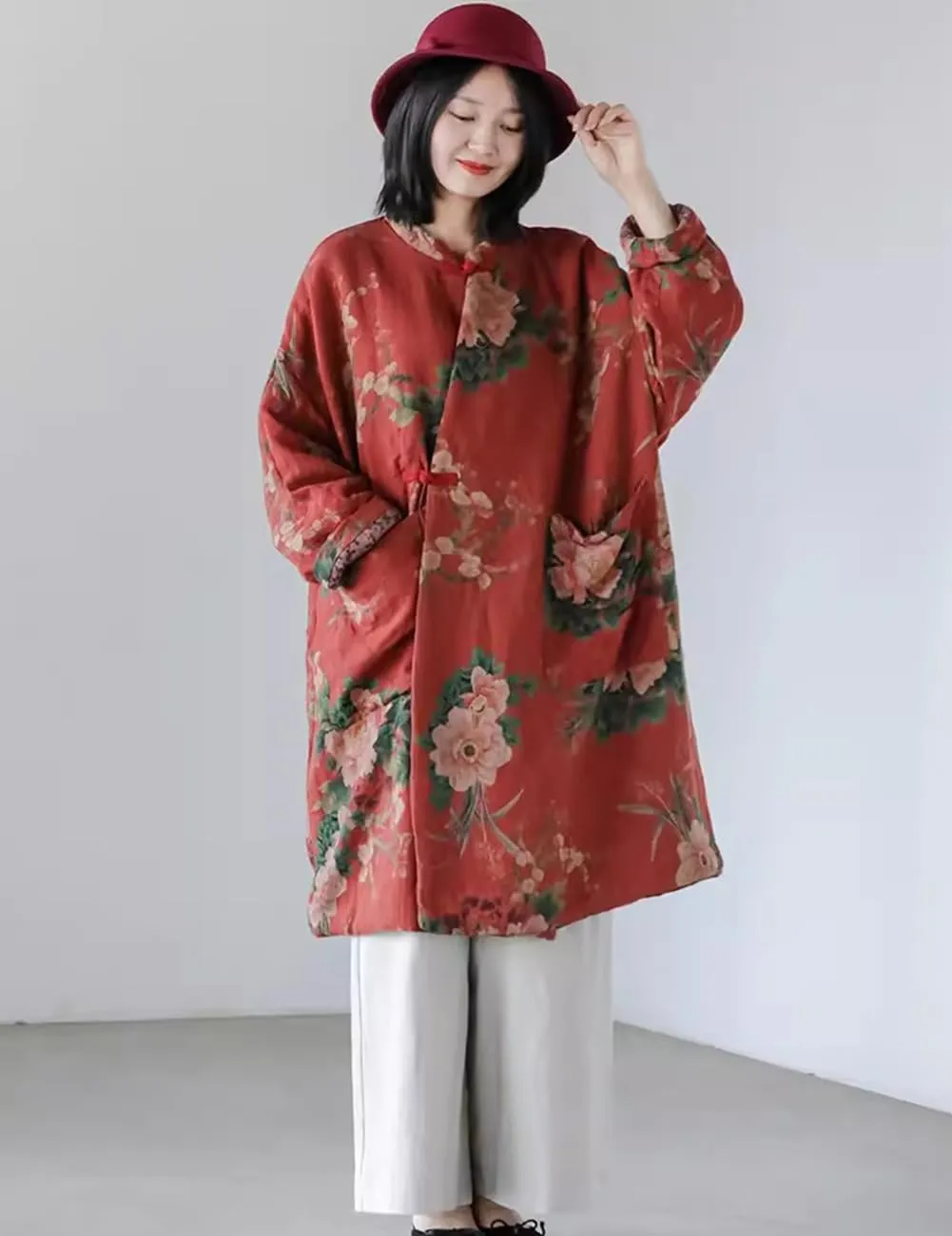 LUZU JUNU Women's Cotton Padded Floral Jacket Kimono Soft Quilted Flower Printed Long Loose Outwear Coats
