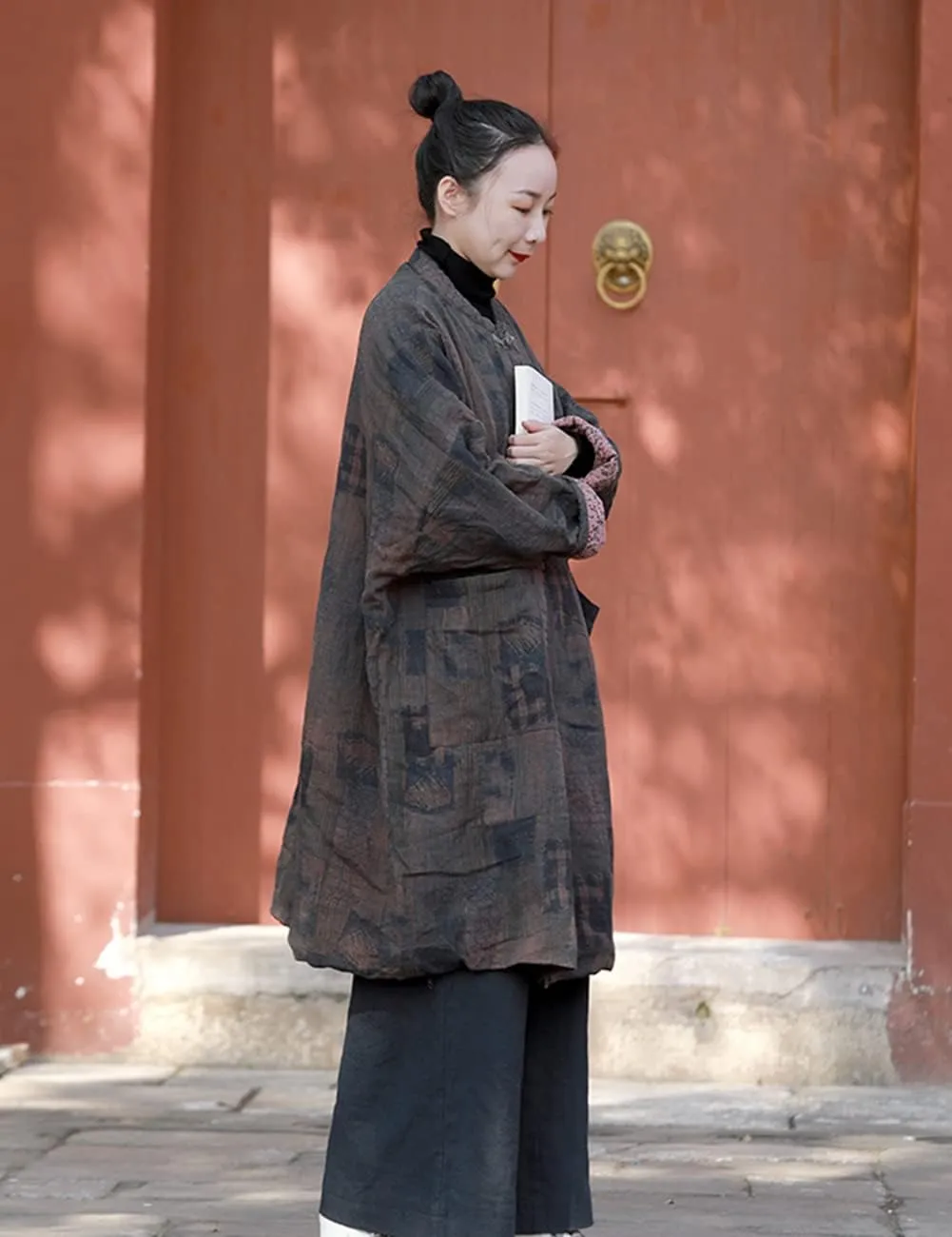 LUZU JUNU Women's Cotton Padded Floral Jacket Kimono Soft Quilted Flower Printed Long Loose Outwear Coats