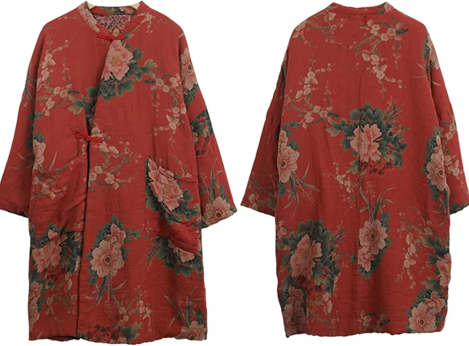 LUZU JUNU Women's Cotton Padded Floral Jacket Kimono Soft Quilted Flower Printed Long Loose Outwear Coats