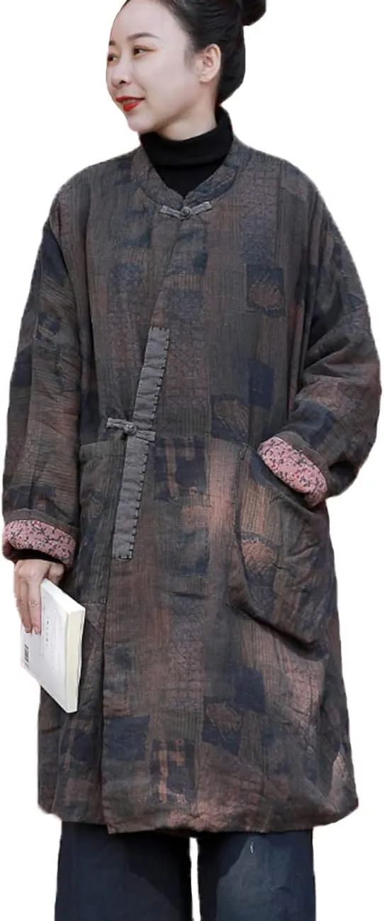 LUZU JUNU Women's Cotton Padded Floral Jacket Kimono Soft Quilted Flower Printed Long Loose Outwear Coats
