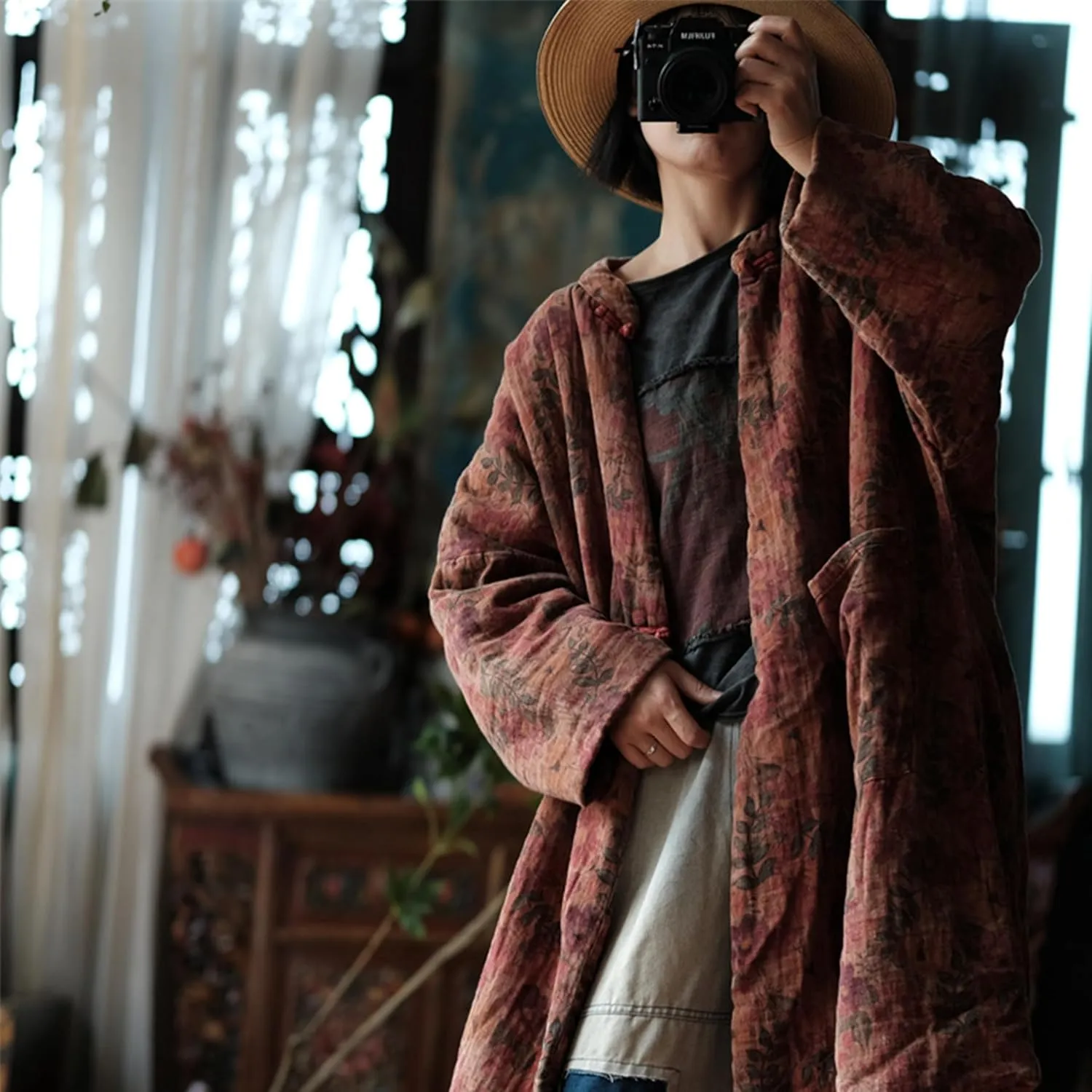 LUZU JUNU Women's Cotton Padded Floral Jacket Kimono Soft Quilted Flower Printed Long Loose Outwear Coats