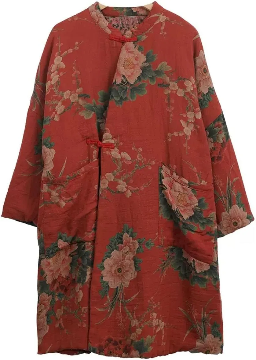 LUZU JUNU Women's Cotton Padded Floral Jacket Kimono Soft Quilted Flower Printed Long Loose Outwear Coats