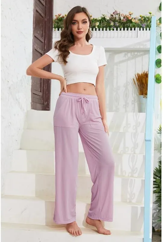 LYCY Women Soft Pajama Long Pants, Comfy Wide Leg Lounge Pants With Pockets Stretch knit Pajama Bottoms