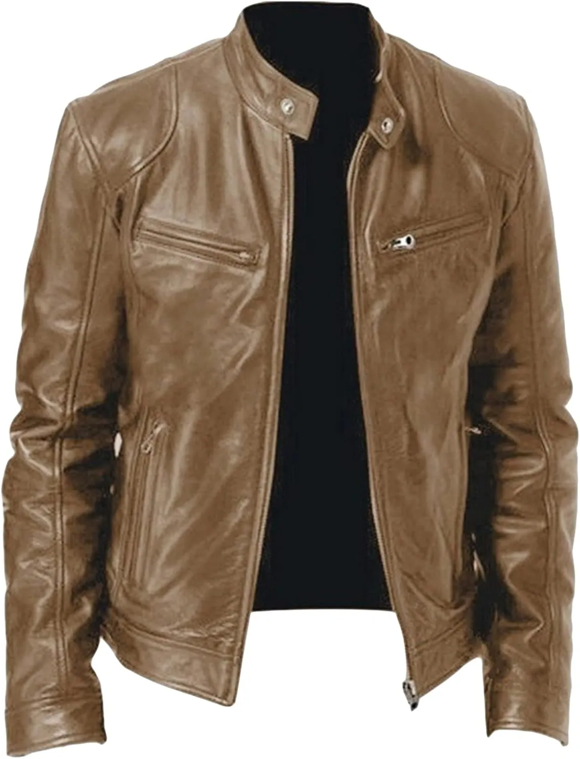Maiyifu-GJ Men Faux Leather Biker Jacket Vintage Motorcycle Jacket Outerwear Retro PU Stand Collar Coat with Zipper Pockets