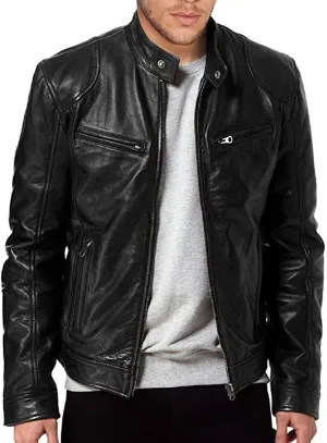 Maiyifu-GJ Men Faux Leather Biker Jacket Vintage Motorcycle Jacket Outerwear Retro PU Stand Collar Coat with Zipper Pockets
