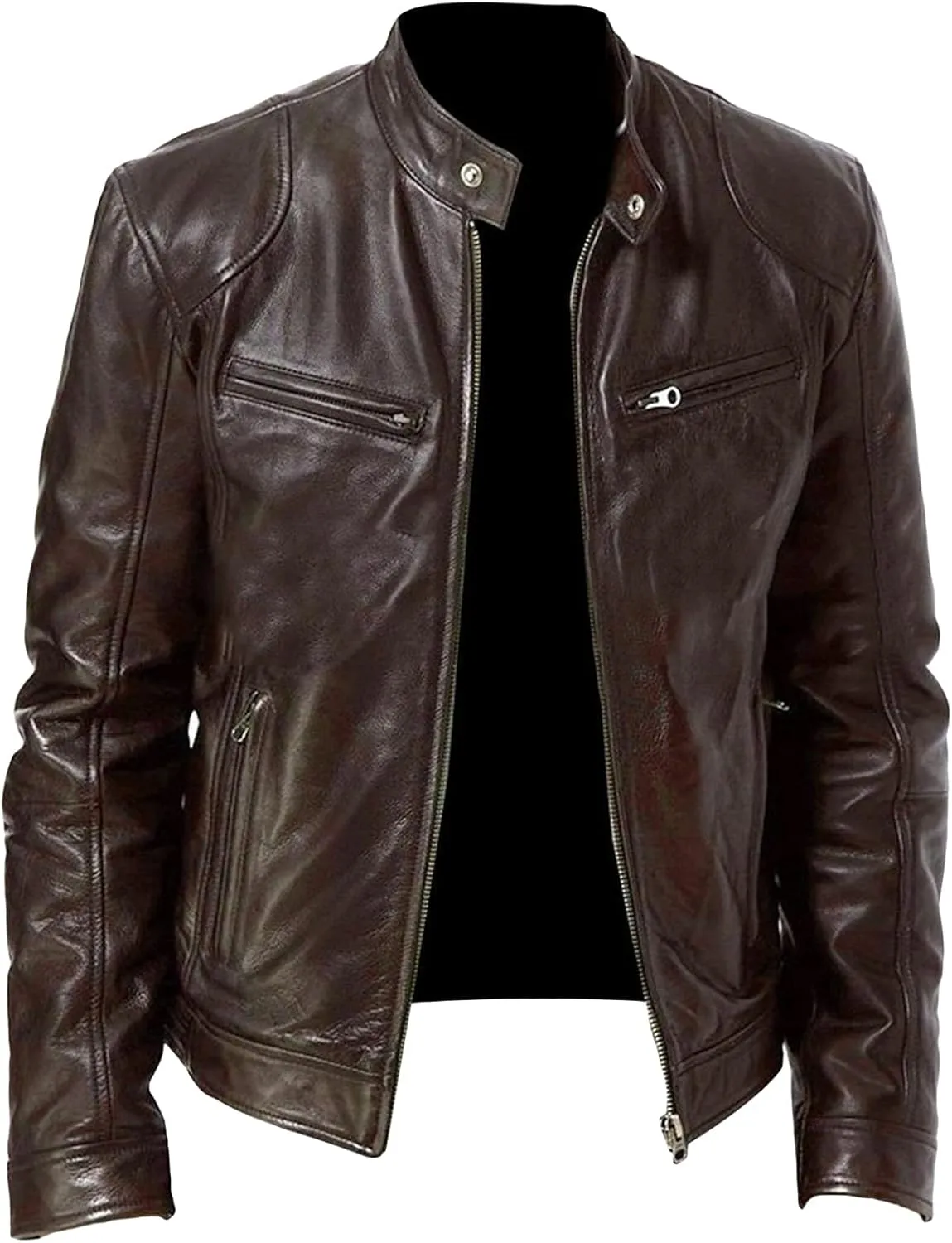 Maiyifu-GJ Men Faux Leather Biker Jacket Vintage Motorcycle Jacket Outerwear Retro PU Stand Collar Coat with Zipper Pockets