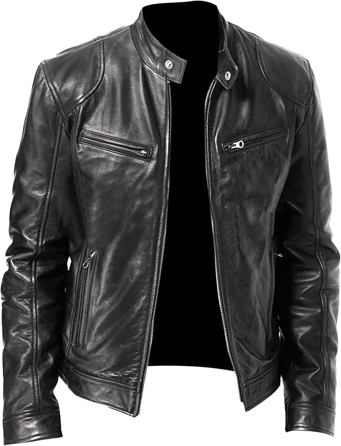 Maiyifu-GJ Men Faux Leather Biker Jacket Vintage Motorcycle Jacket Outerwear Retro PU Stand Collar Coat with Zipper Pockets