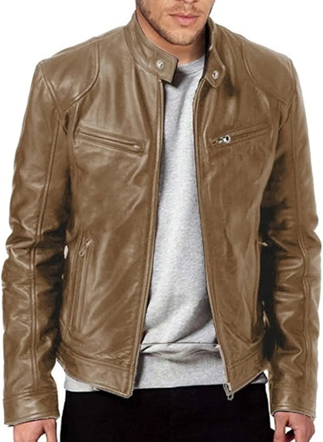Maiyifu-GJ Men Faux Leather Biker Jacket Vintage Motorcycle Jacket Outerwear Retro PU Stand Collar Coat with Zipper Pockets