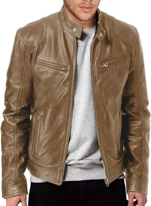 Maiyifu-GJ Men Faux Leather Biker Jacket Vintage Motorcycle Jacket Outerwear Retro PU Stand Collar Coat with Zipper Pockets