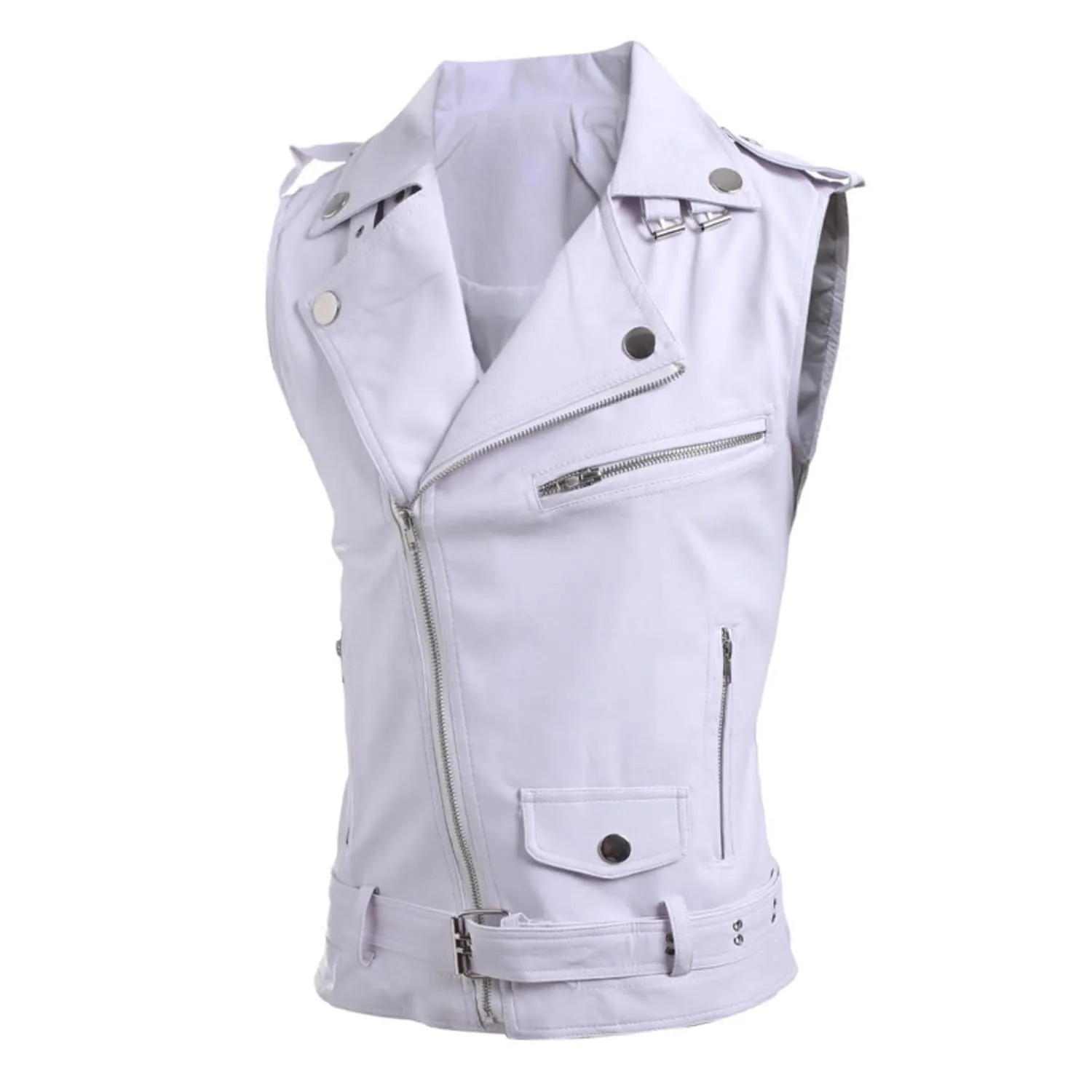 Maiyifu-GJ Men's Faux Leather Biker Sleeveless Jacket Vintage Asymmetric Zip Motorcycle Vest PU Lightweight Punk Belted Coat (Whitea2,X-Large)