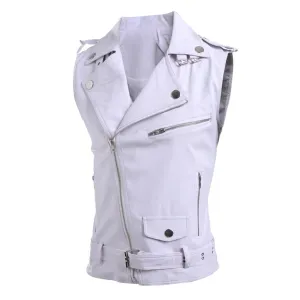 Maiyifu-GJ Men's Faux Leather Biker Sleeveless Jacket Vintage Asymmetric Zip Motorcycle Vest PU Lightweight Punk Belted Coat (Whitea2,X-Large)