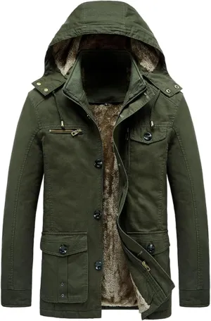 Maiyifu-GJ Men's Winter Military Thicken Parka Jacket Military Full Zip Removable Hooded Coat Cotton Warm Mid Long Outerwear