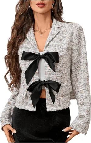 MakeMeChic Women's Bow Knot Lapel Jacket Long Sleeve Office Blazer Jackets